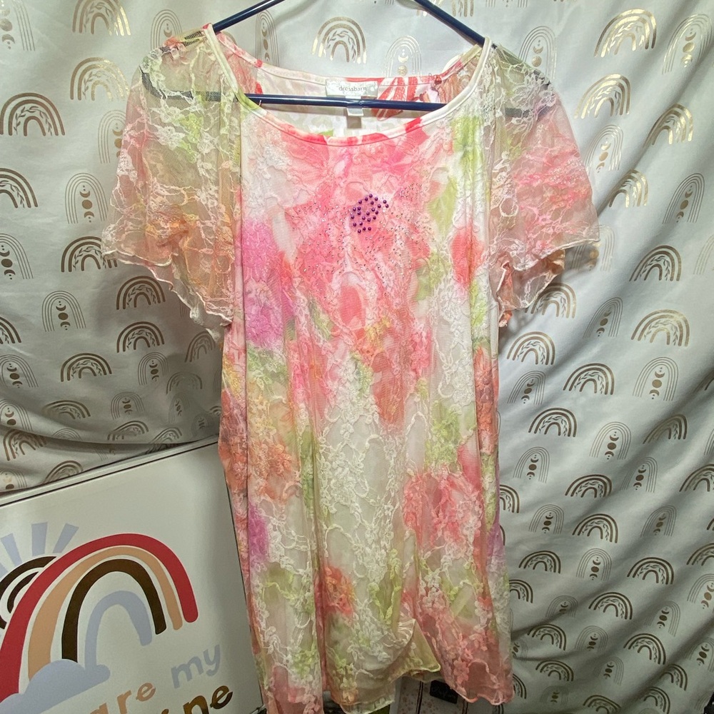 dressbarn Floral Lace Blouse with Pink and Green